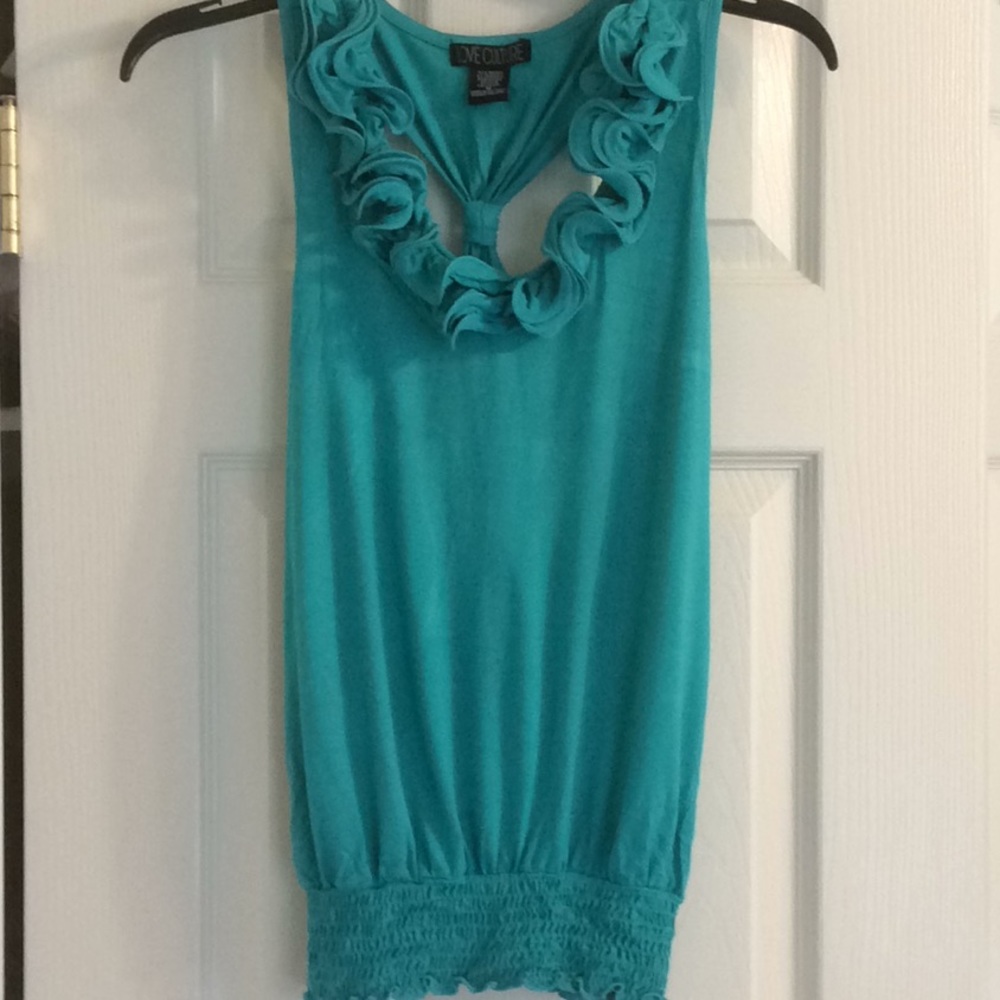 Woman Love Culture green ruffled tank top